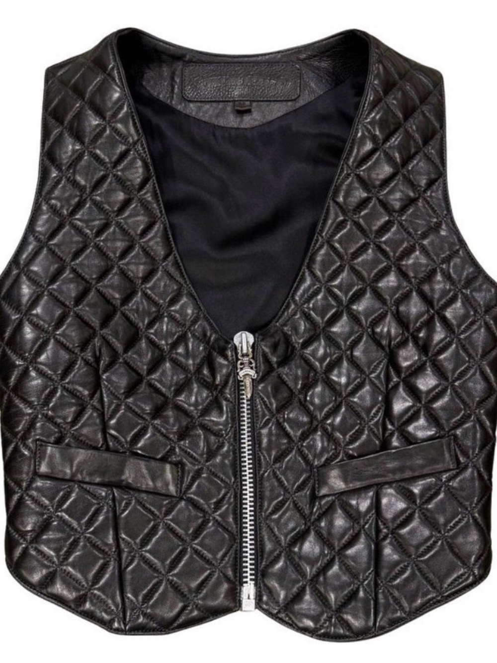 Vintage Chrome HeartsQuilted Black Leather Zip Front Vest